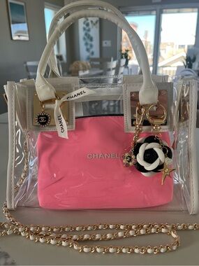 Custom Upcycled Chanel Beauté Clear Bag w Authentic Charms, Ribbon & Makeup Bag